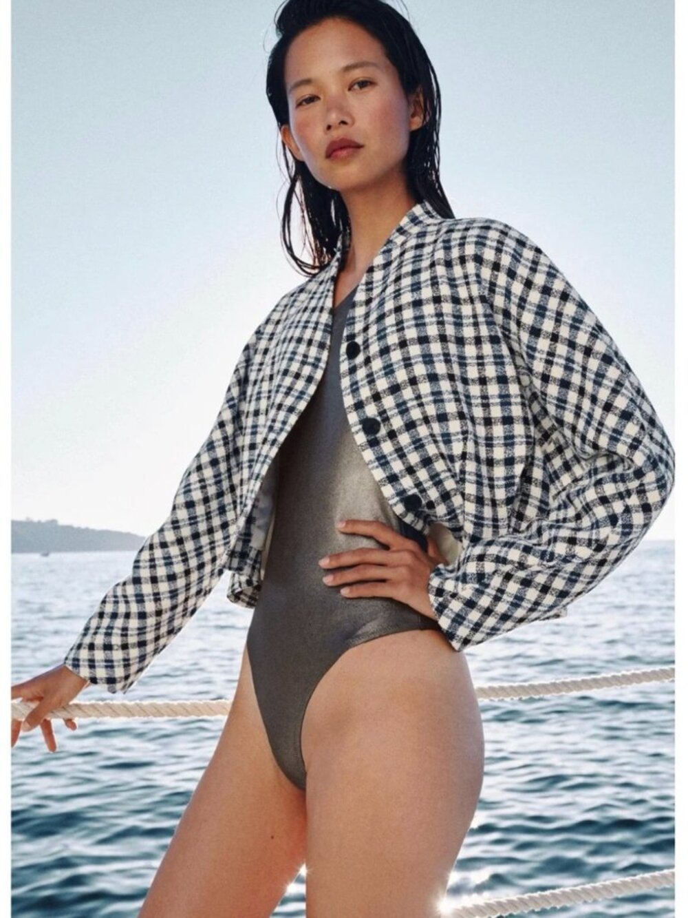 NEW Small ZW COLLECTION PLAID Buttoned TWEED JACKET Textured Raglan Sleeve Ivory